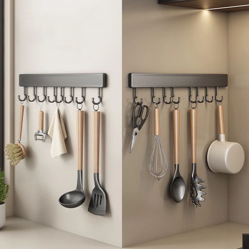 厨房挂钩免打孔挂杆厨房置物架锅铲勺子挂架太空铝排钩壁挂式收纳