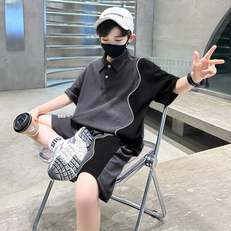 童装洋气儿童棉珠地时尚套装夏装新款中大童短袖恤夏季短裤两件套