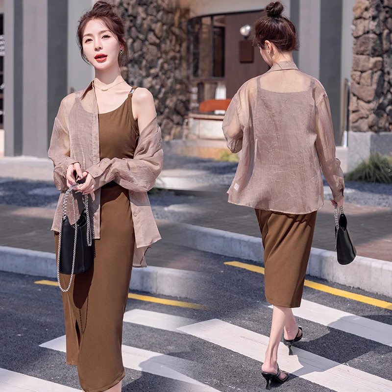 轻熟风吊带衬衫套装裙2025夏季新款高级感收腰显瘦薄款防晒两件套