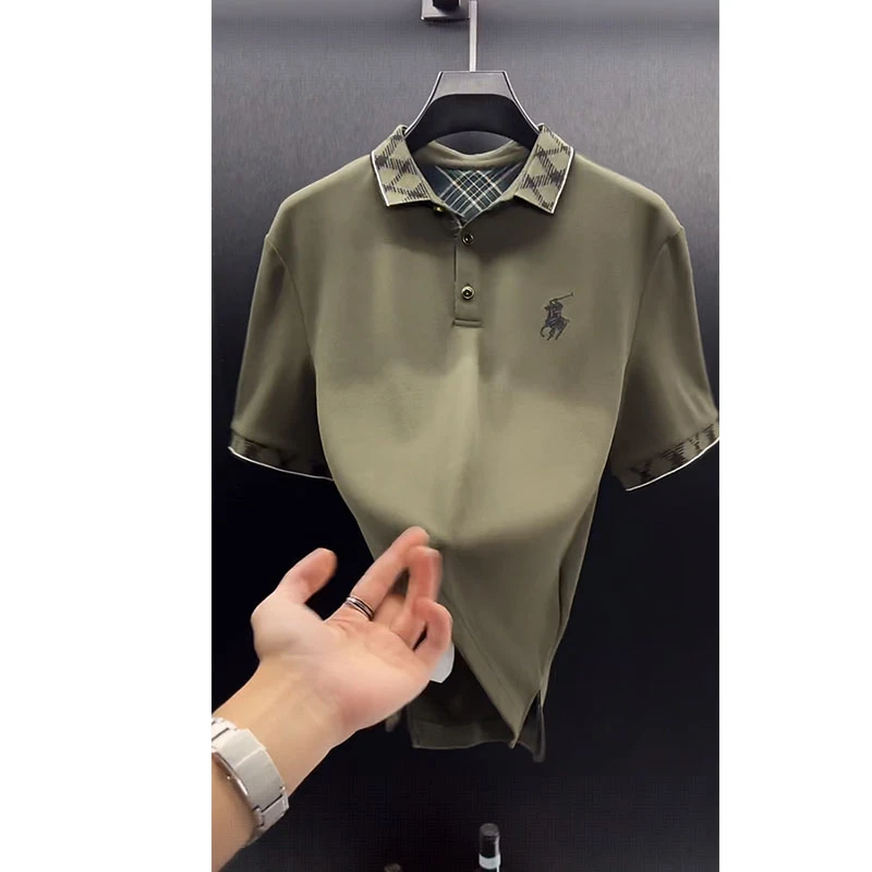 欧货轻奢高定休闲男装上衣2025夏季新款大牌刺绣显瘦绿色Polo衫潮