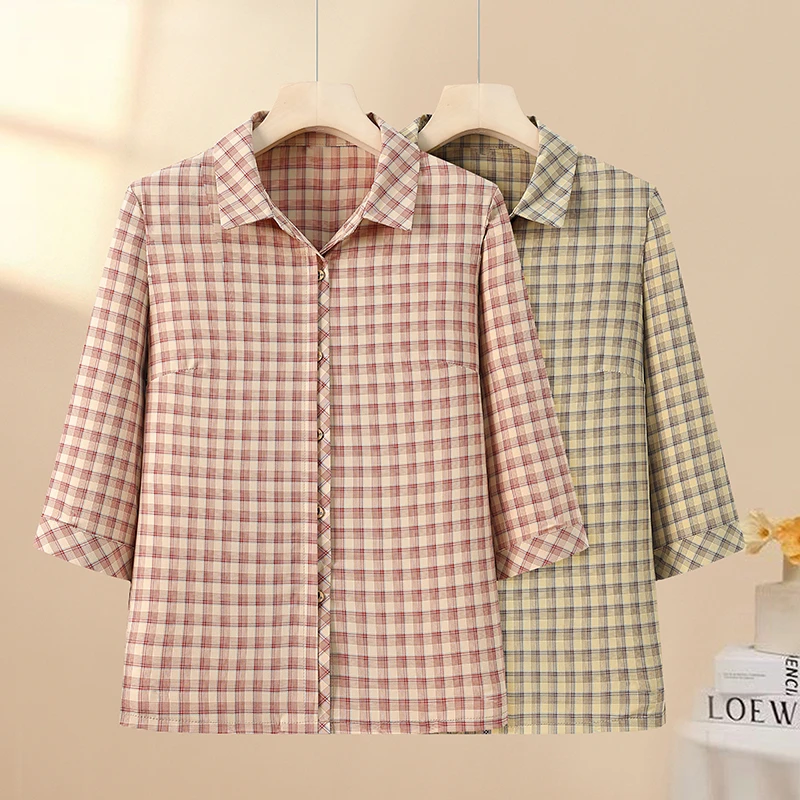 母亲节衣服老年妈妈七分袖衬衫格子中老年女夏装奶奶装薄款衬衣女