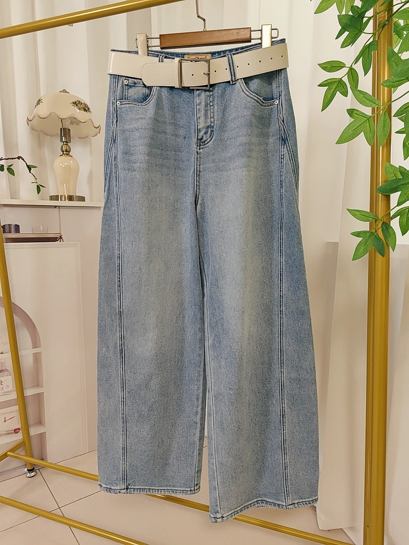 韩版做旧洋气百搭休闲牛仔裤2025春季新款高腰宽松显瘦阔腿牛仔裤