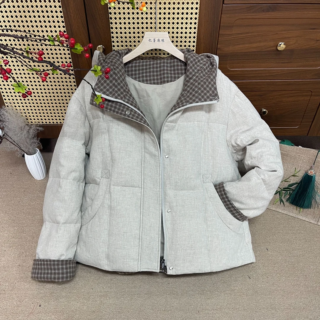 【雪域】2025款拼接格子女士短款连帽休闲百搭羽绒服56501