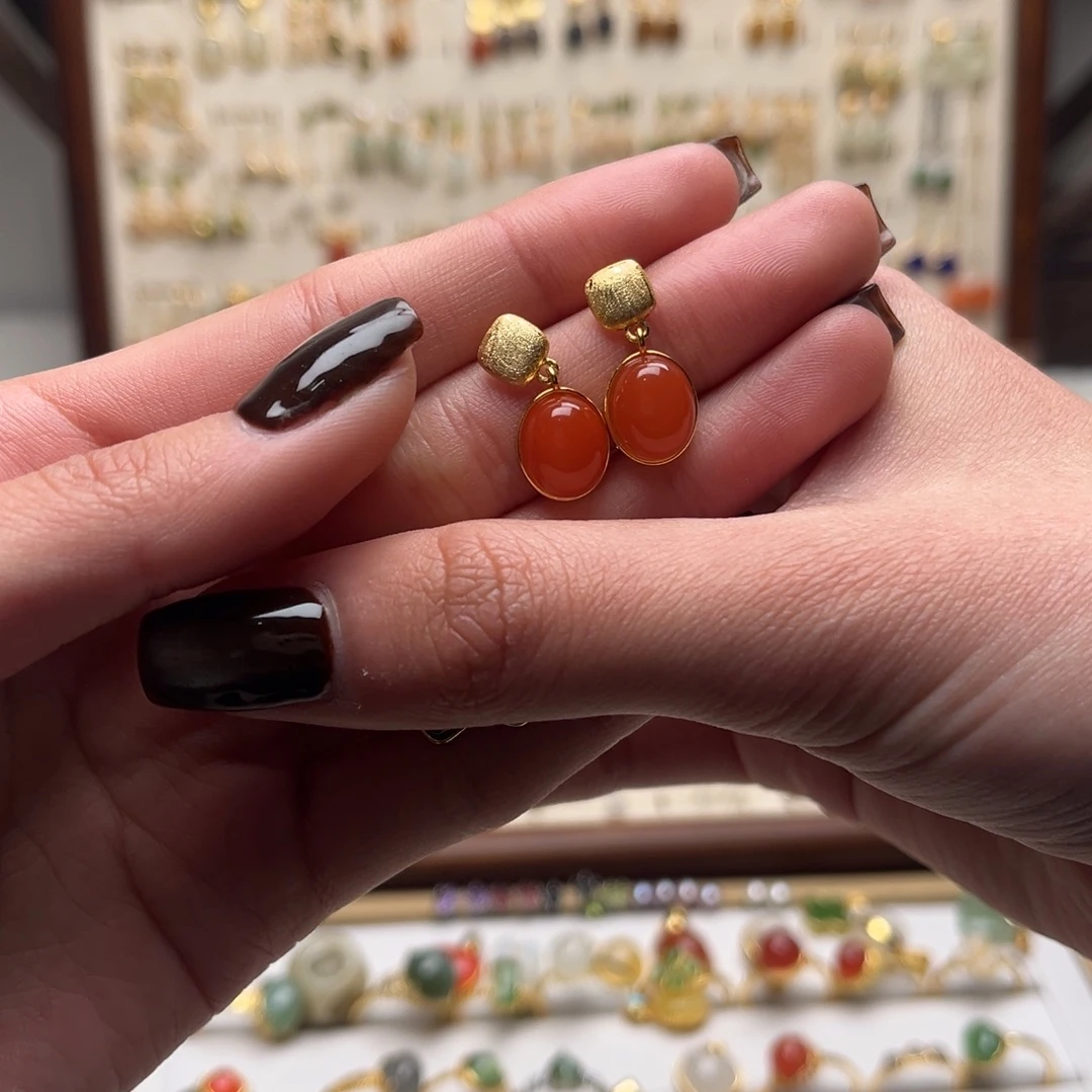 和田玉银S925镀金镶嵌耳坠