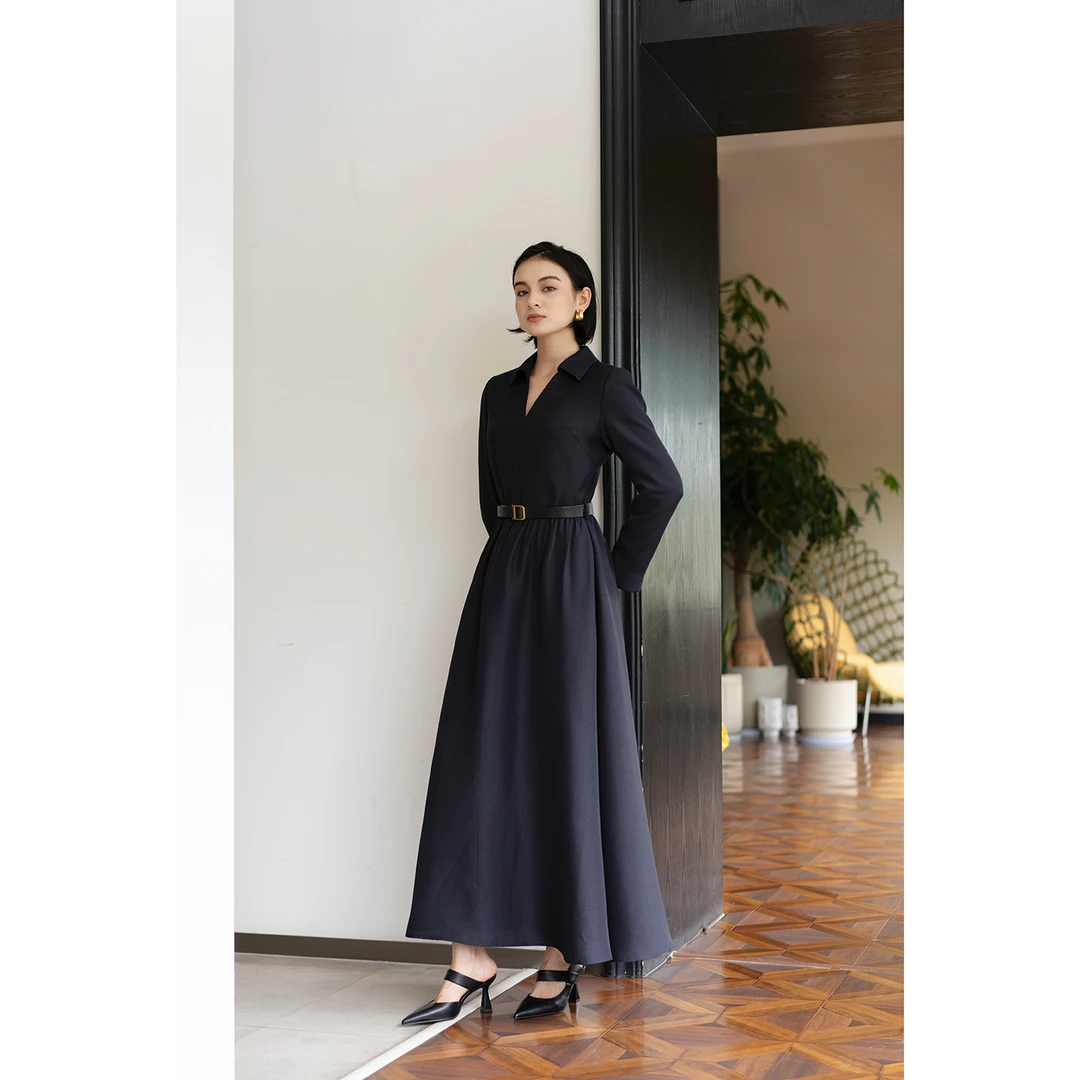 【橱窗】塑造姿态 极简法式优雅立体裁剪醋酸蚕丝v领连衣裙长（裱里）
