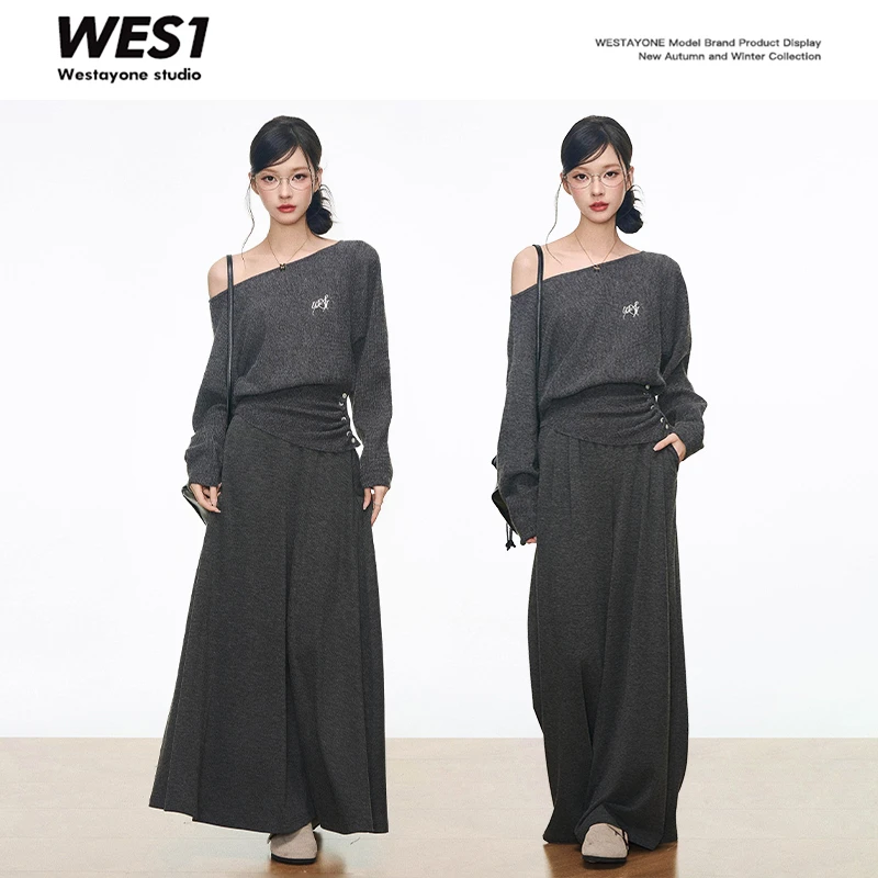 8.10新品 WESTAYONE斜肩收腰毛衣女女半身裙慵懒风套装韩系氛围感