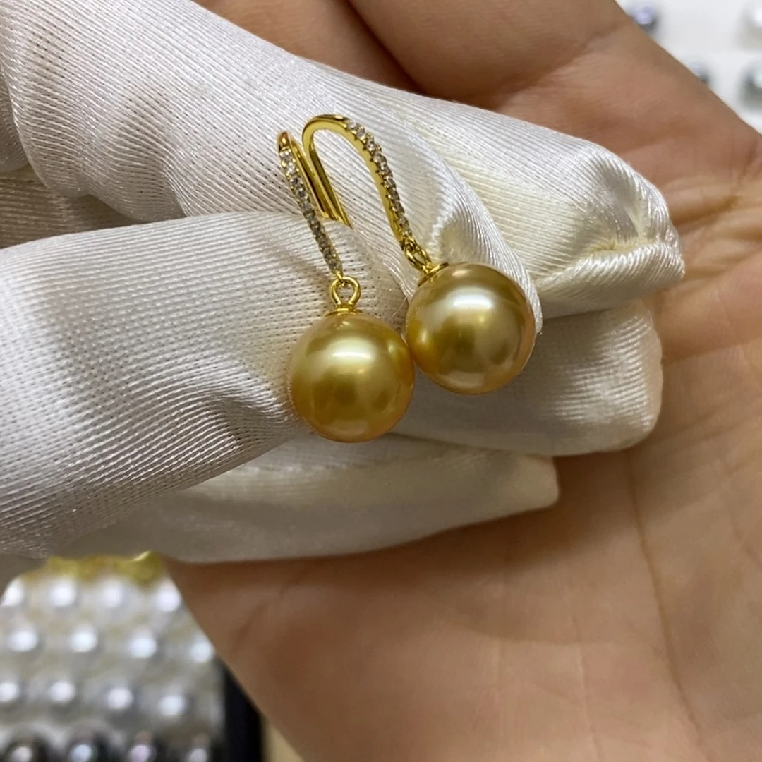 银S925镶嵌耳饰海水珍珠金珠浓金耳饰9-10m m