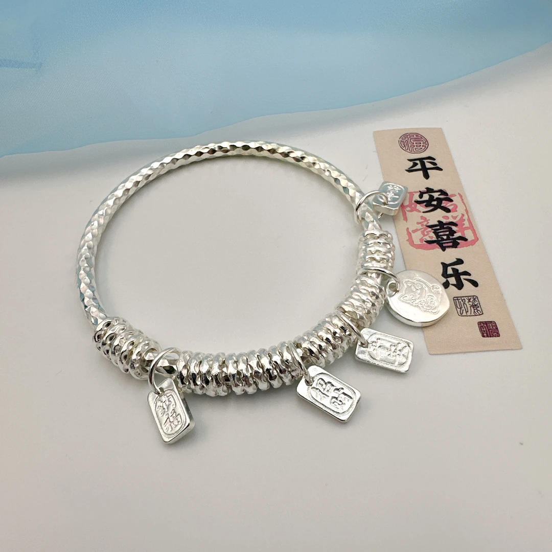 9999银盘缠吉言银手镯女平安喜乐招财猫银镯子时尚百搭简约气质