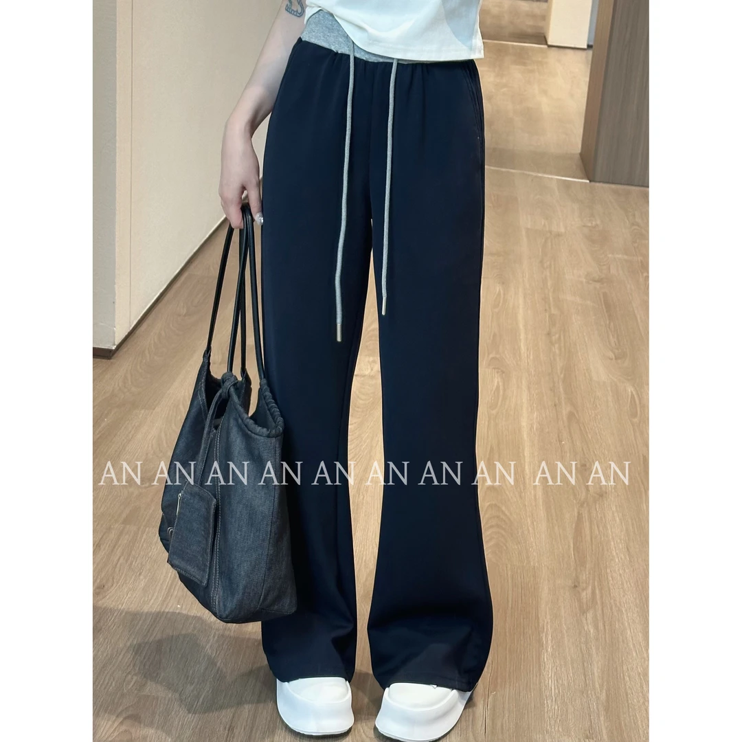 C07293新款INS潮百搭宽松运动阔腿撞色腰头休闲卫裤微喇裤