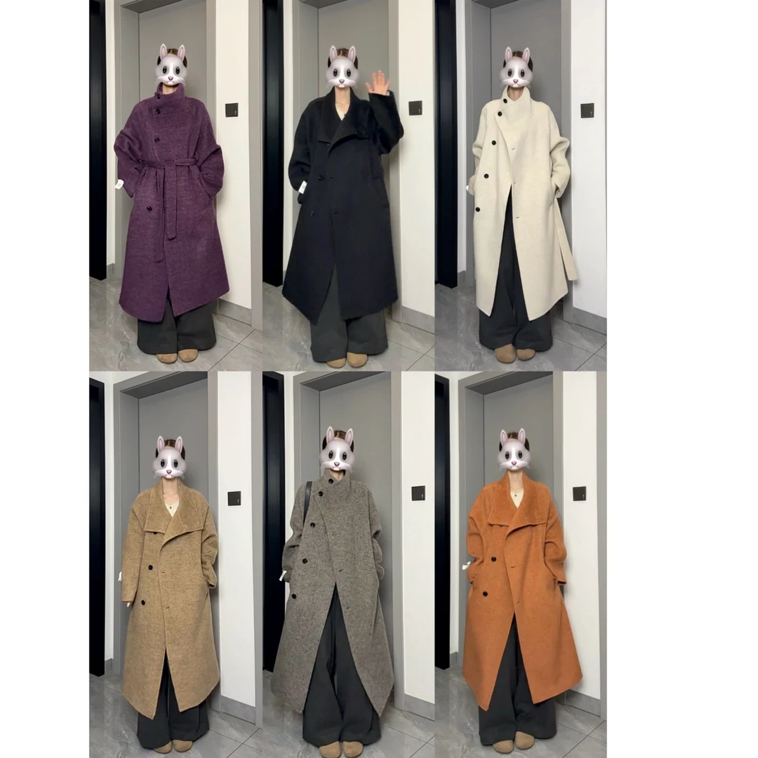 2025原创新款韩系慵懒风双面羊毛大衣系带百搭毛呢外套8702韩版