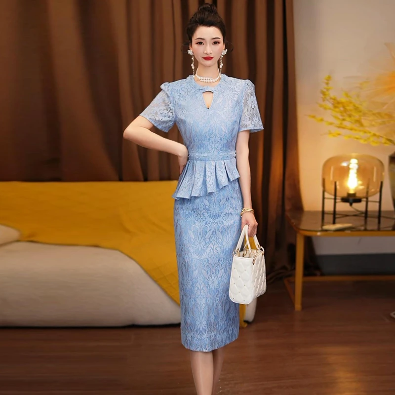 夏季斜裁蕾丝连衣裙短袖高腰气质高端气质假两件包臀裙子新款6633