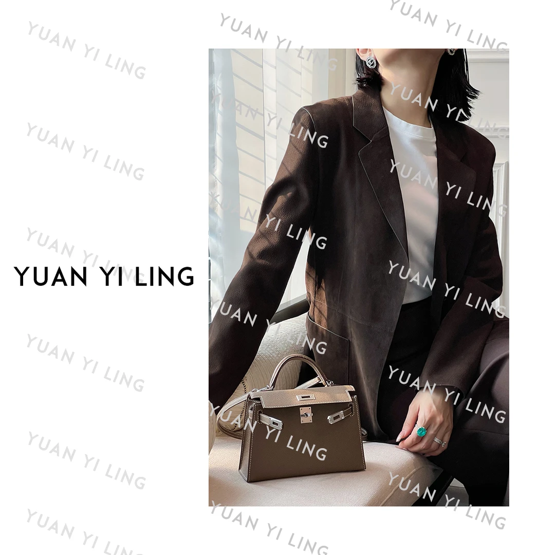 袁艺灵【缪斯】秋冬山羊正绒皮复古老钱风收腰夹克皮衣外套0809