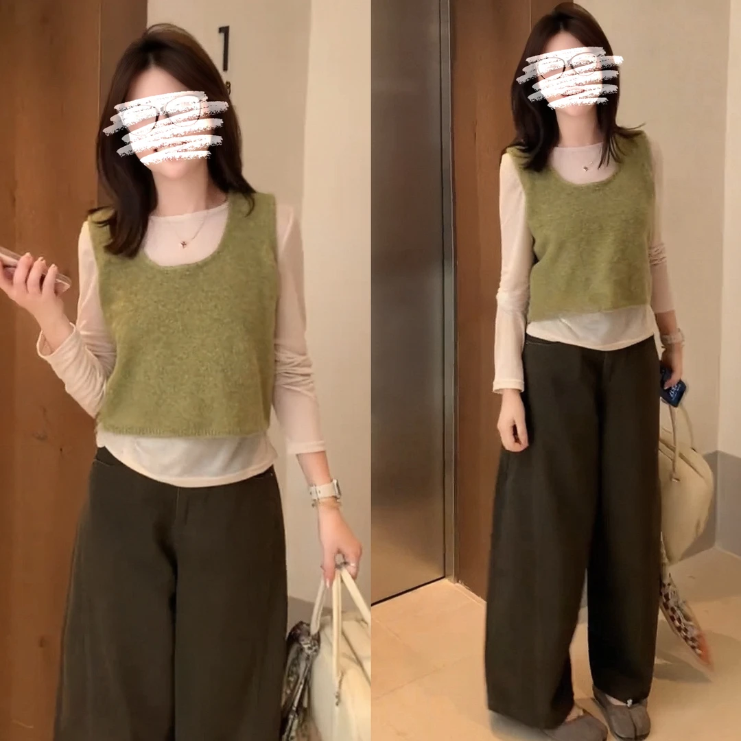 2025早秋韩系简约短款背心马甲百搭长袖打底衫显瘦阔腿裤休闲套装