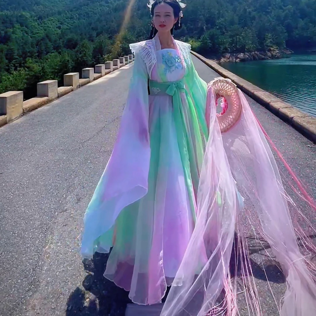 【夏荷】粉绿晕染锦丝大袖仙侠古风影视服装