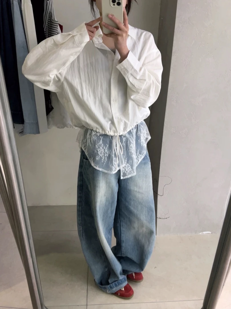 2025春季新款韩版简约百搭韩系蕾丝边下摆精致气质衬衫女