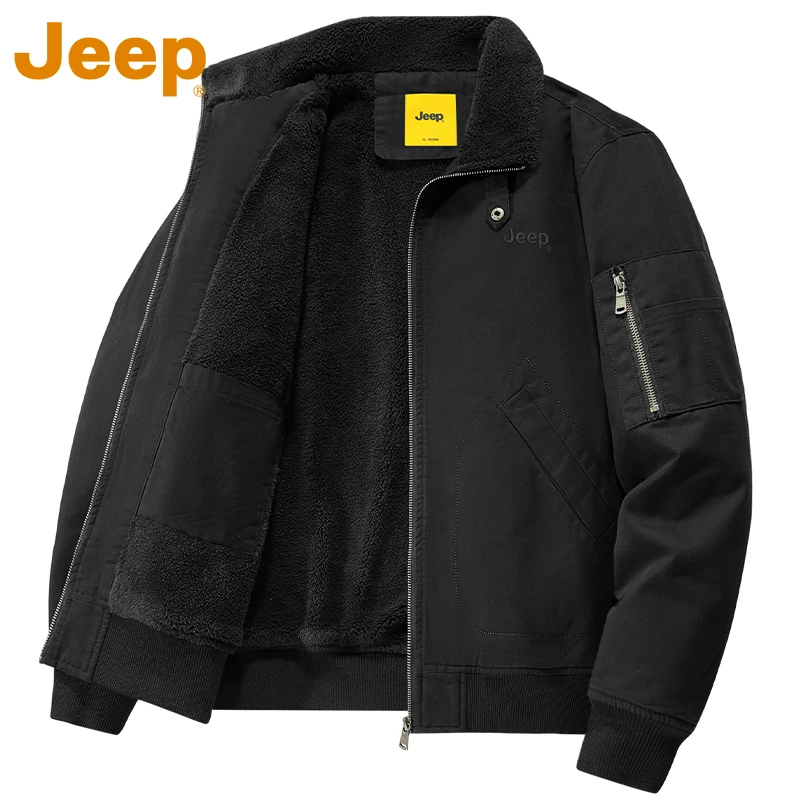 JEEP吉普黑色高级复古夹克男款2025新款冬季加绒保暖休闲工装上衣