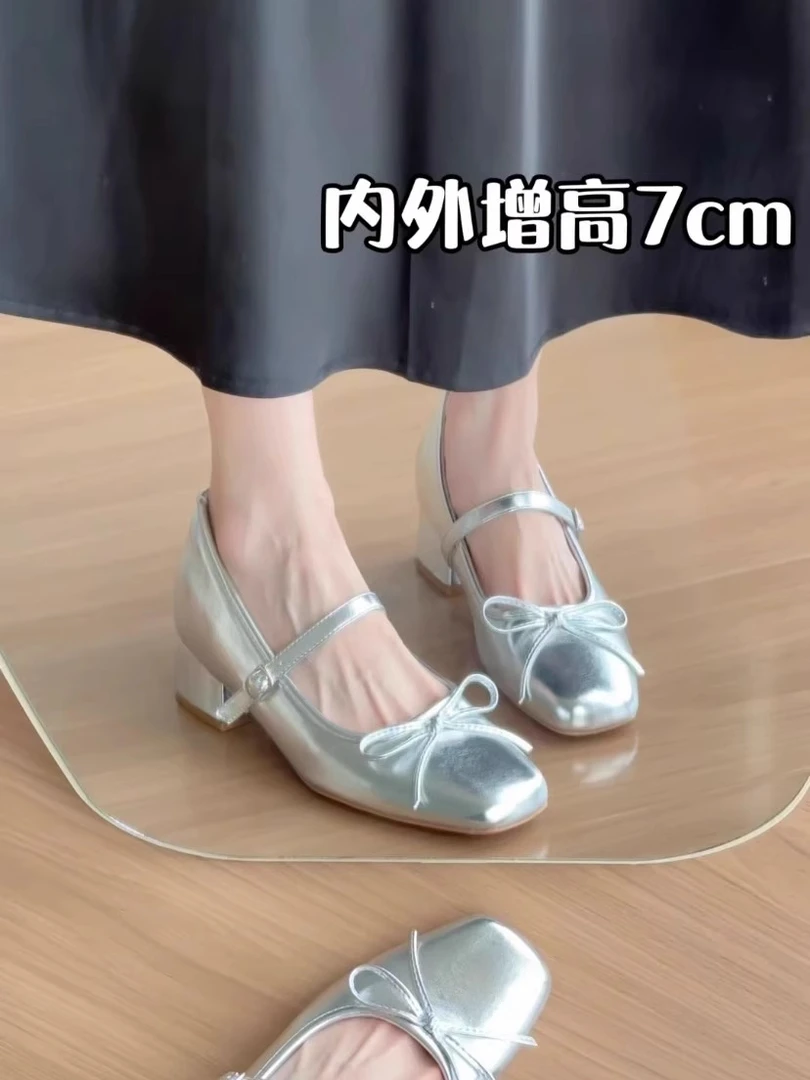 内增高7CM银色缎面粗跟蝴蝶结玛丽珍鞋女软底一字带高跟芭蕾单鞋