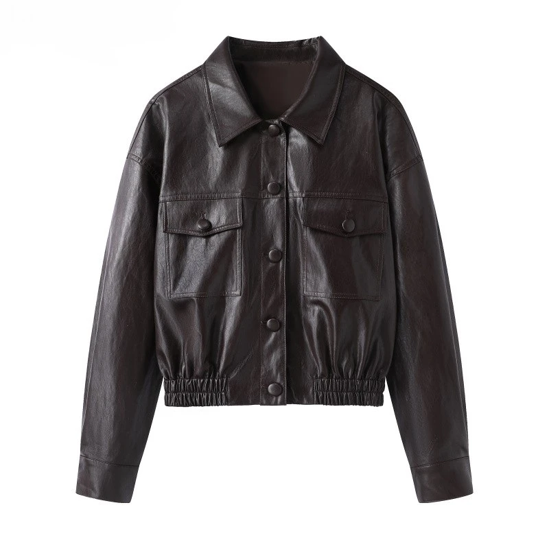 2025新款PU皮衣外套落肩袖上衣百搭开衫皮夹克M