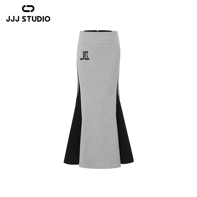 JJJ STUDIO 灰色撞色提臀显瘦做旧复古鱼尾裙 JLWFS1Q055