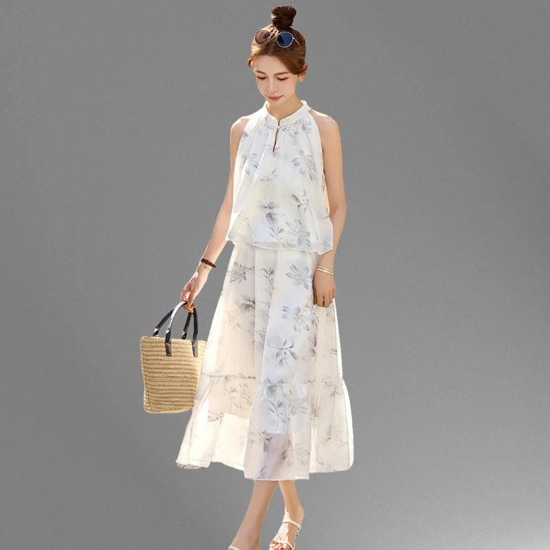 新中式国风套装连衣裙女夏季无袖挂脖上衣薄纱半身裙高级感两件套