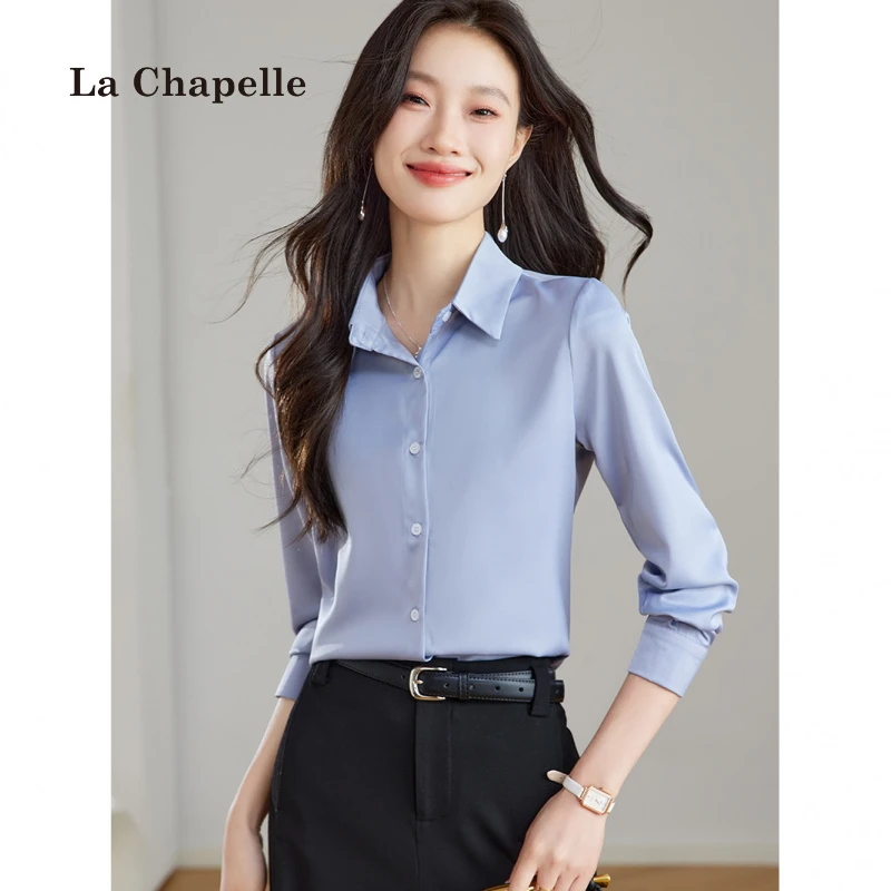 拉夏贝尔2025春秋简约缎面衬衫女通勤衬衣设计感小众长袖雪纺上衣