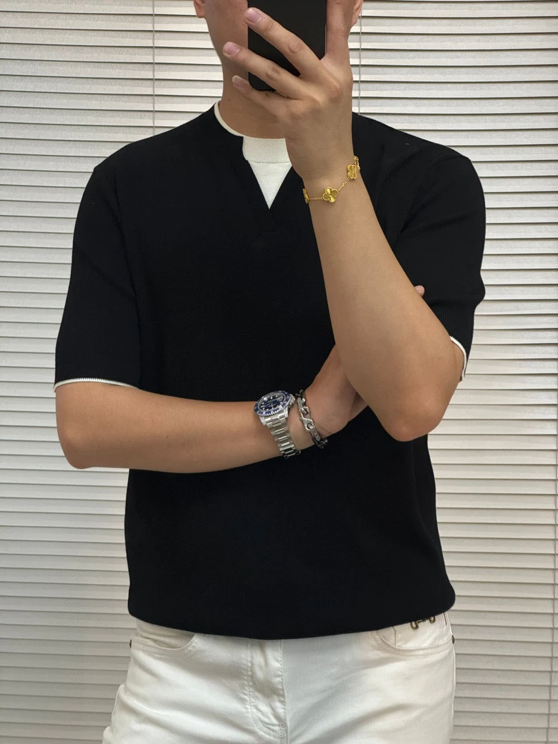 早秋(轩诚）撞色修身简约拼接假两件休闲百搭针织轻奢时尚短袖毛衣