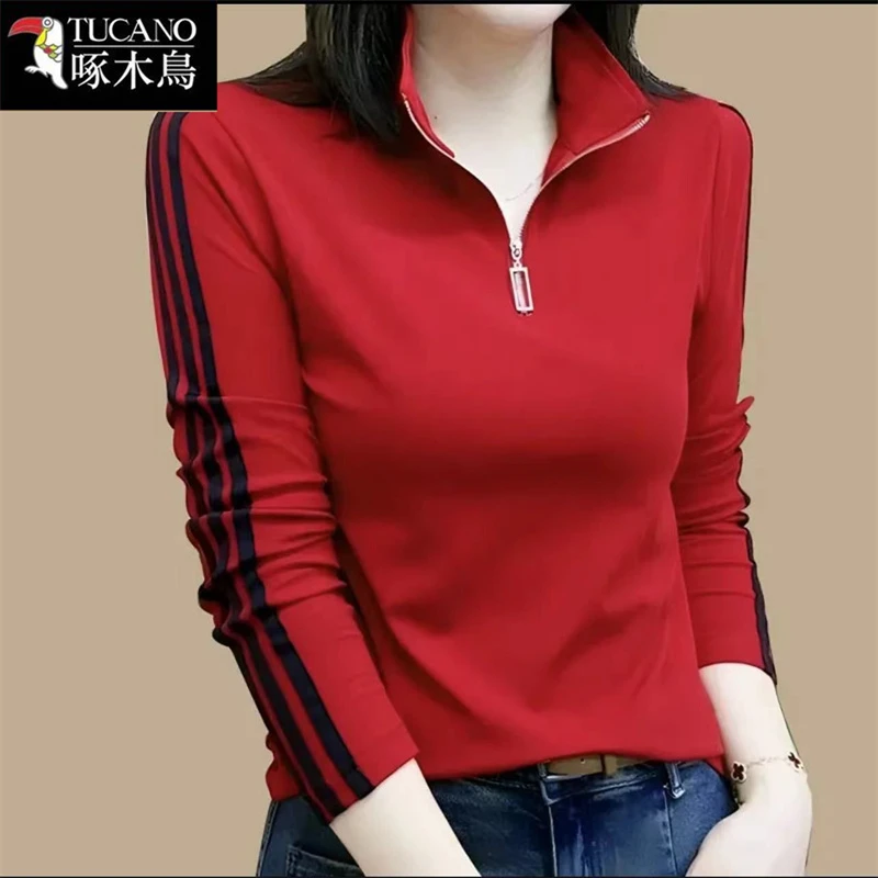 啄木鸟2025蛇年红色拉链休闲运动T恤春秋时尚修身显瘦半开领上衣