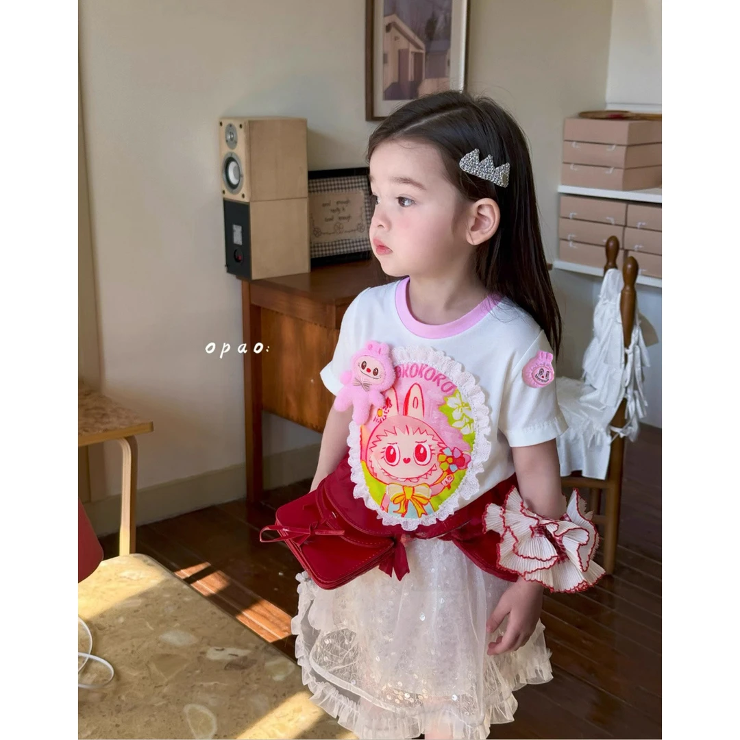 儿童立体毛绒玩偶Labu纯棉短袖夏季吸汗透气T恤元气少女粉色半袖