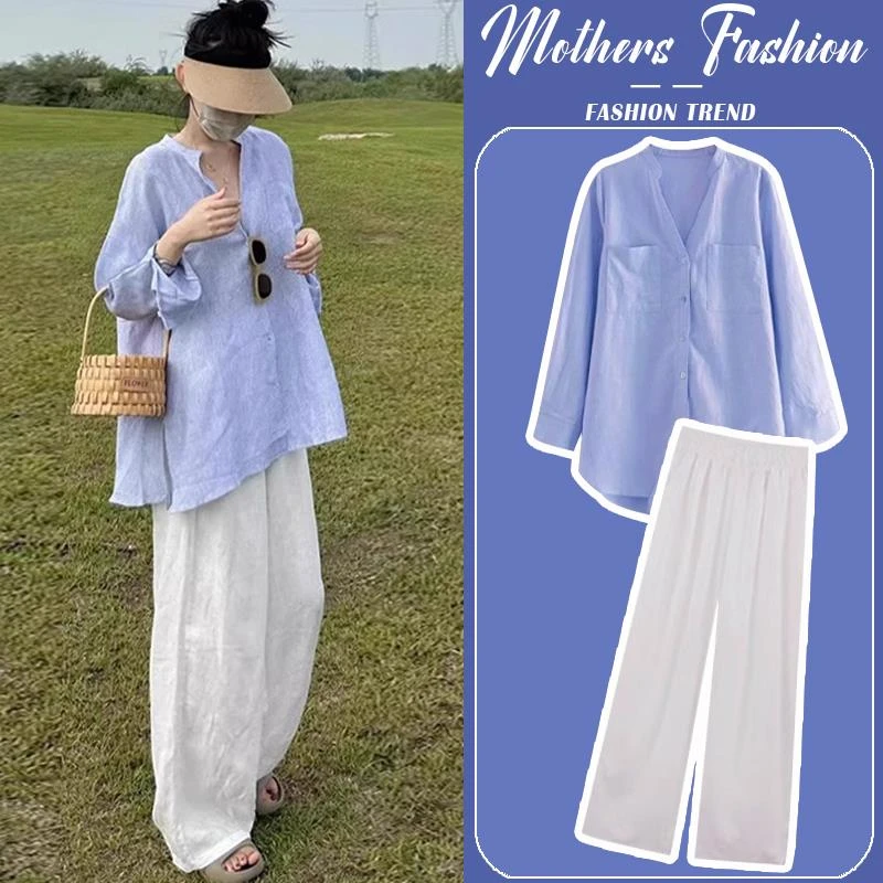 时髦洋气孕妇装显瘦春秋2025新款宽松蓝色中长款领长袖上衣裤子