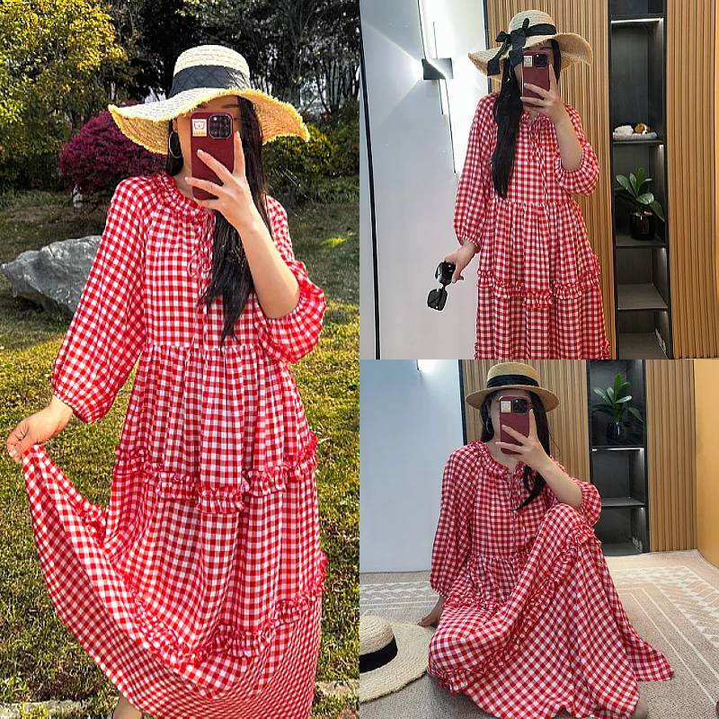 《李丽原创》春夏秋季时尚韩版外穿格子休闲女款透气长裙