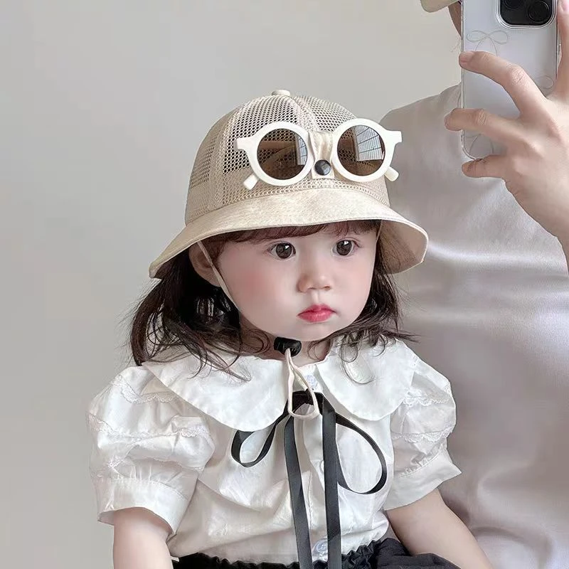 宝宝帽子春季可拆眼镜网眼透气渔夫帽男女童夏季遮阳防晒大檐盆帽