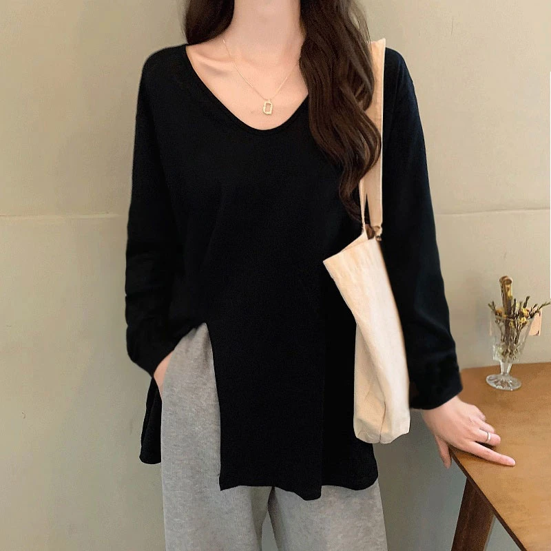 黑色大领口长袖t恤女洋气内搭2025秋季新款韩版休闲大码开叉上衣