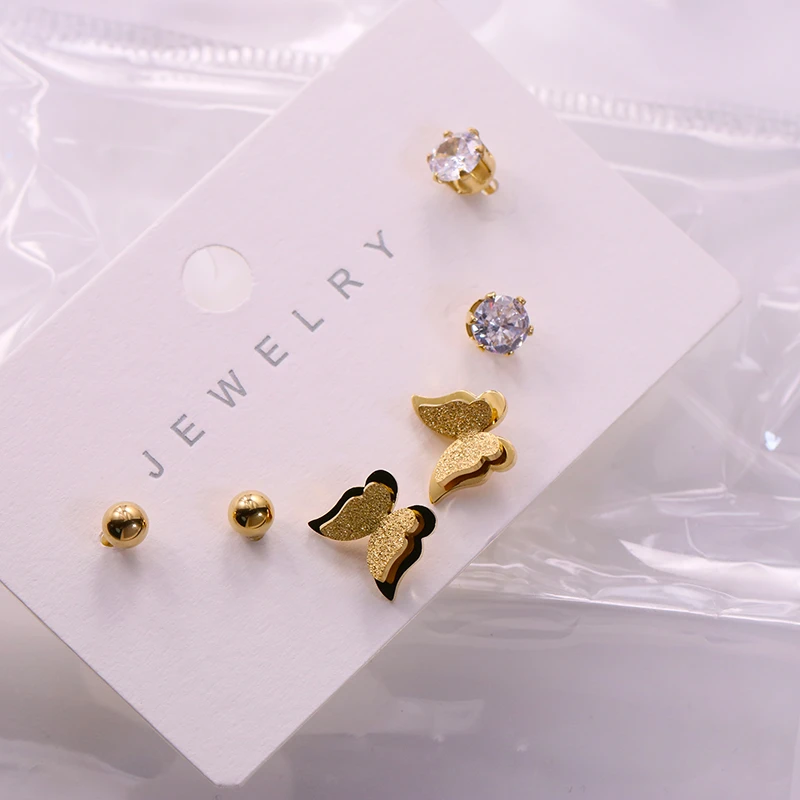 钛钢爪子锆石和钢珠跟压砂蝴蝶三件套耳环（金色）