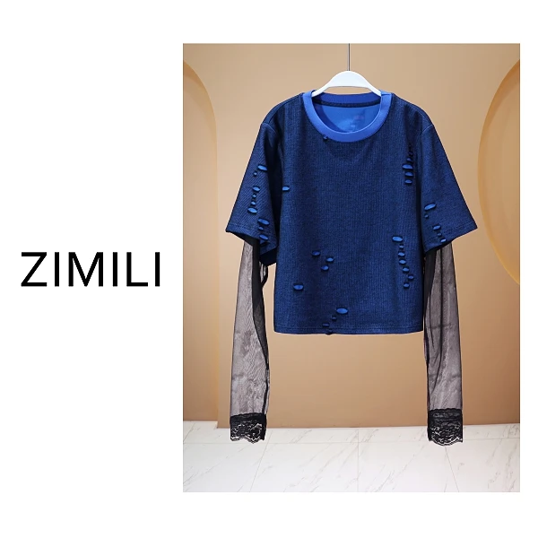 【亮哥女装】2025欧版轻薄透气藏青蓝拼接网纱袖时尚T恤7653