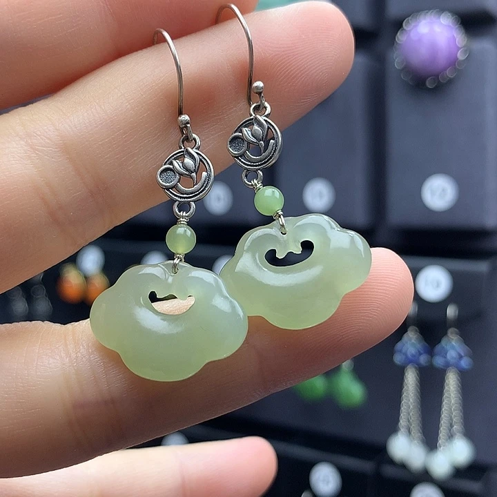 和田玉耳饰银S925镶嵌