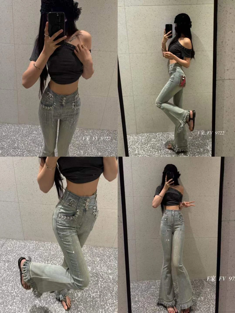 FV-2025春夏新款重工烫钻高腰显瘦浅色喇叭裤