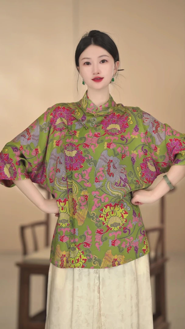 「花里胡哨」新中式夏季立领斜襟气质上衣中国风重工复古宽松提花