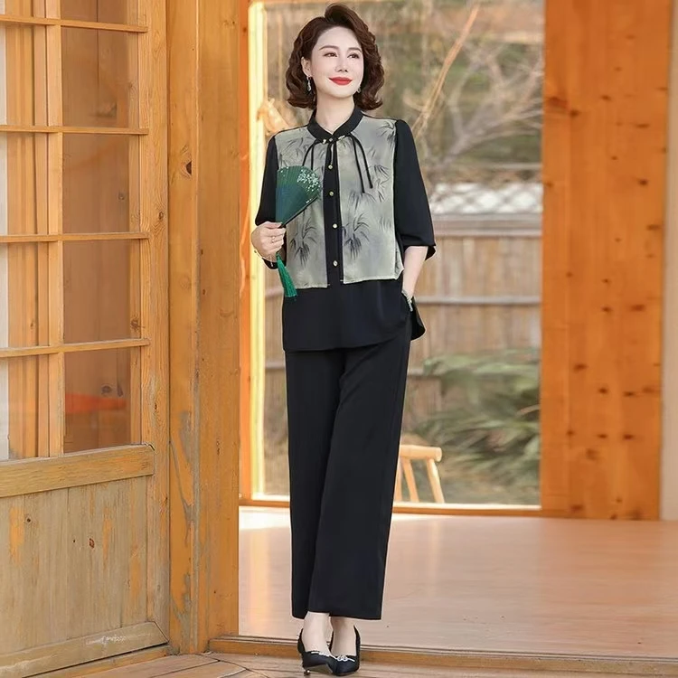 新中式妈妈春装新款复古套装中老年女装春夏季国风雪纺小衫两件套