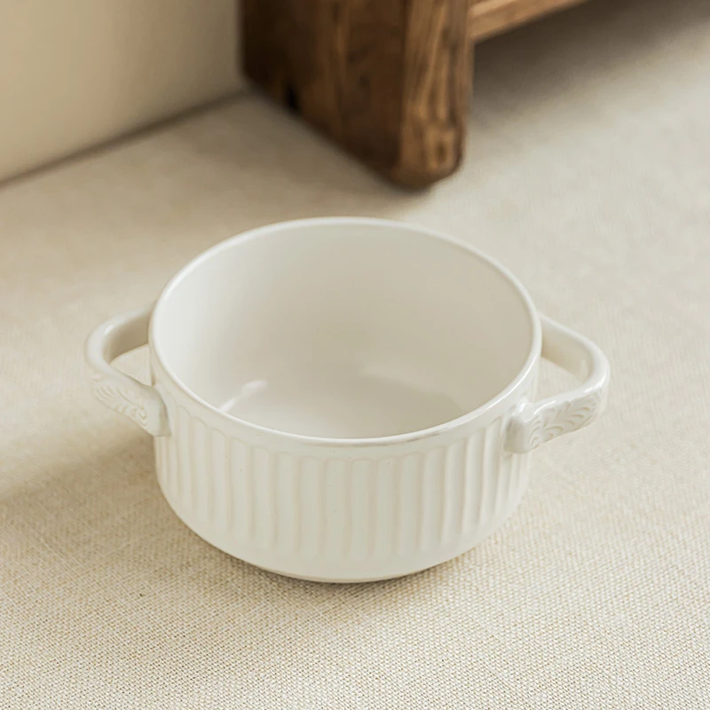 YE HOME 极简风纯色陶瓷碗家用奶油风水果沙拉碗高级感汤碗双耳碗