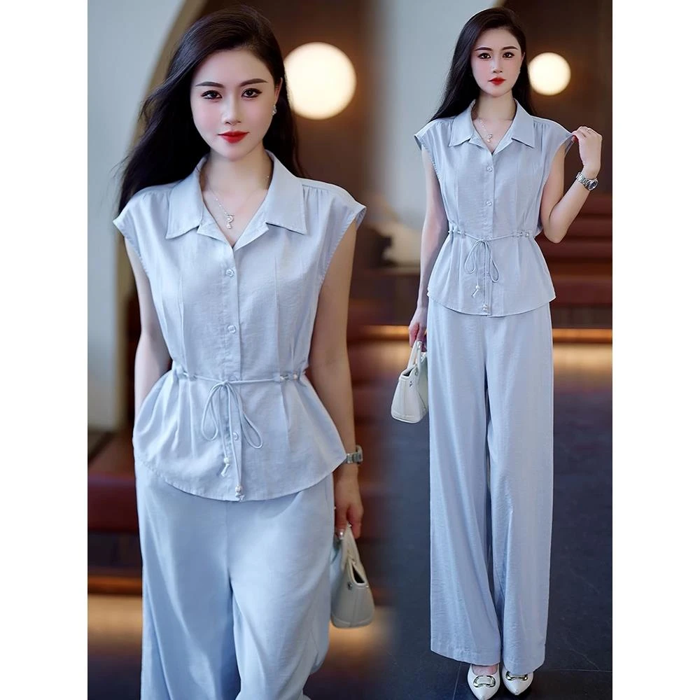 时尚气质套装女2025夏季新款洋气收腰显瘦短袖衬衫阔腿裤两件套潮