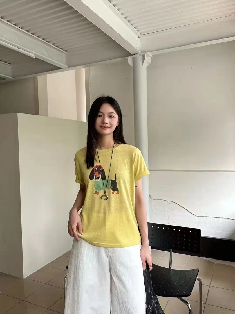 夏季韩系时尚卡通小狗印花圆领短袖T恤女宽松百搭减龄上衣