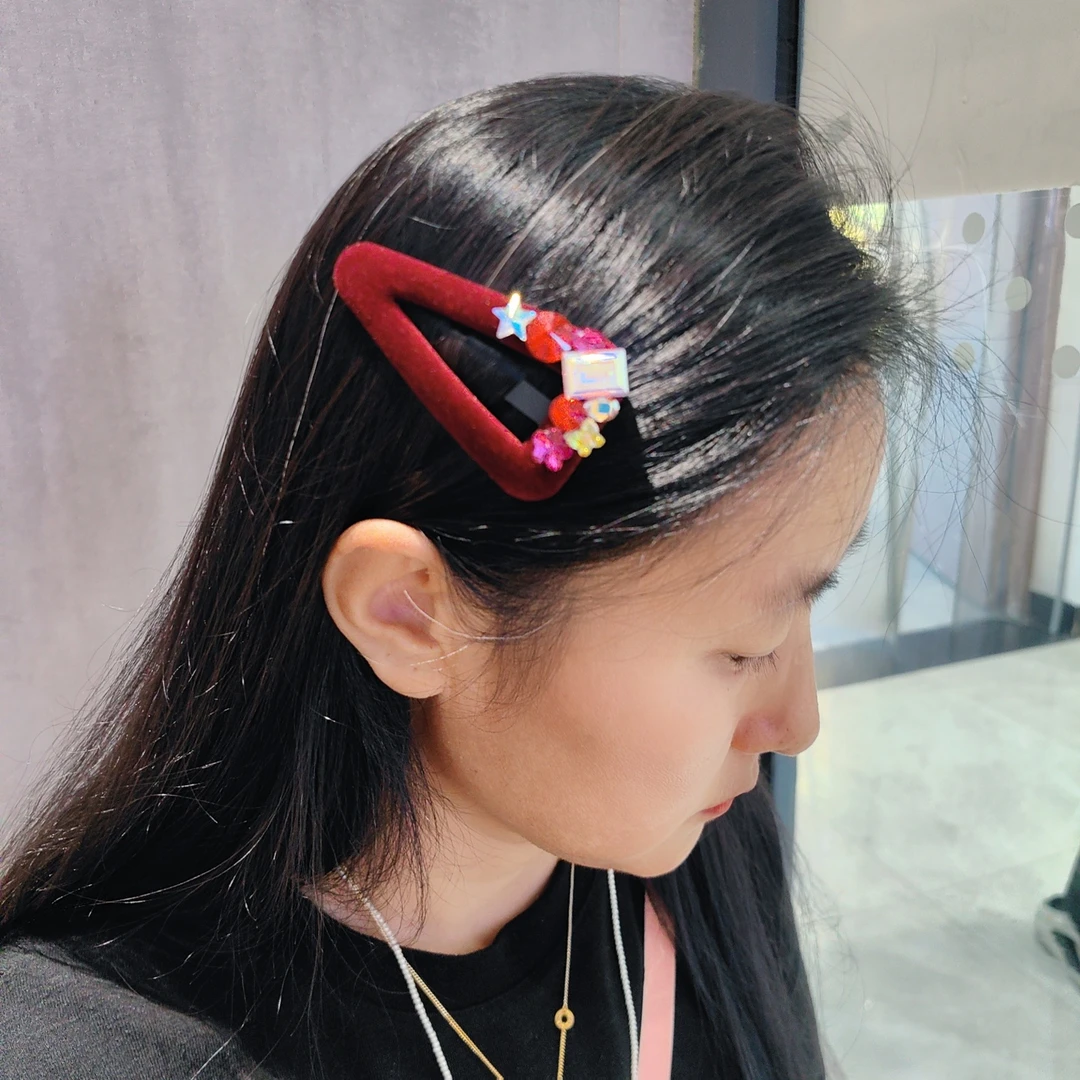 韩国绒时尚彩钻三角绒底7cmBB夹精致刘海发夹小众高级感侧边夹