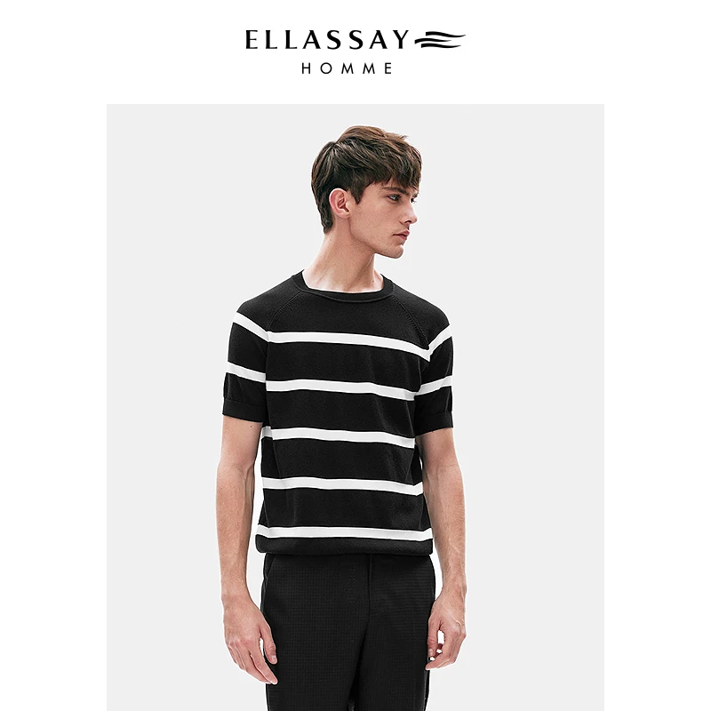 ELLASSAY歌力思男装新款春季黑白条纹简约针织T恤EME351M01300