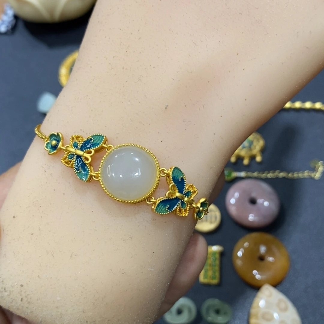 和田玉手链银S925镀金镶嵌清**杯