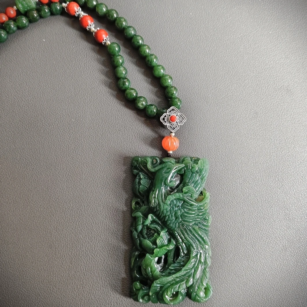 天然和田碧玉精美凤戏牡丹项链毛衣链