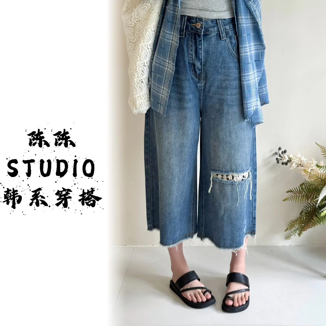 夏季新款破洞拼接蕾丝毛边时尚百搭牛仔七分裤