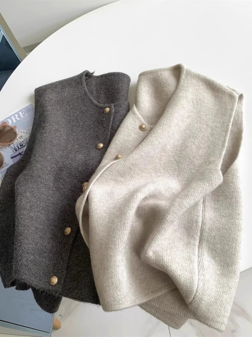 马夹ins小香风纯色马甲短款小金扣针织圆领老钱风叠穿针织衫百搭