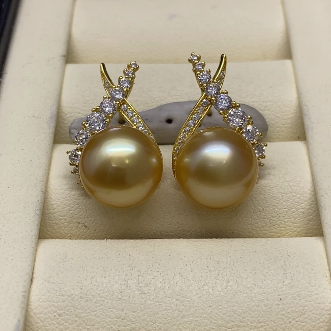 银S925镶嵌耳饰海水珍珠浓金耳饰12-13m m