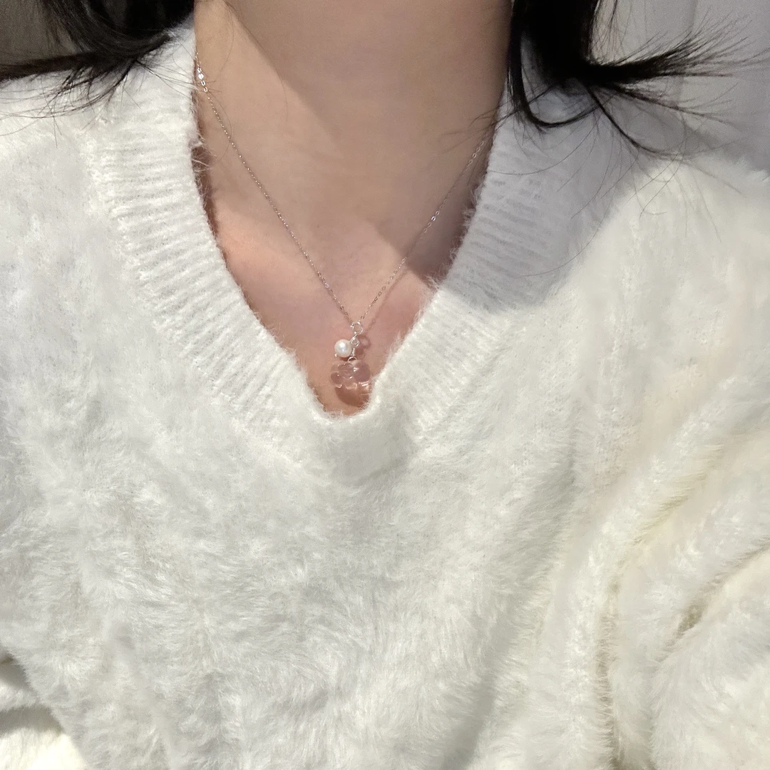 SG1729-［珍珠小象］粉水晶天然淡水项链均有瑕色差多样发