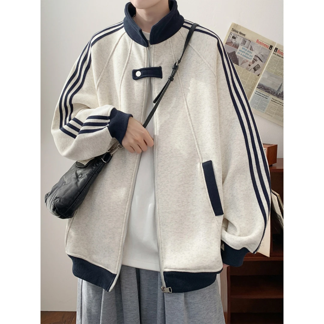 冬季新款美式学院风外套休闲三条杠上衣情侣款时尚百搭开衫卫衣男